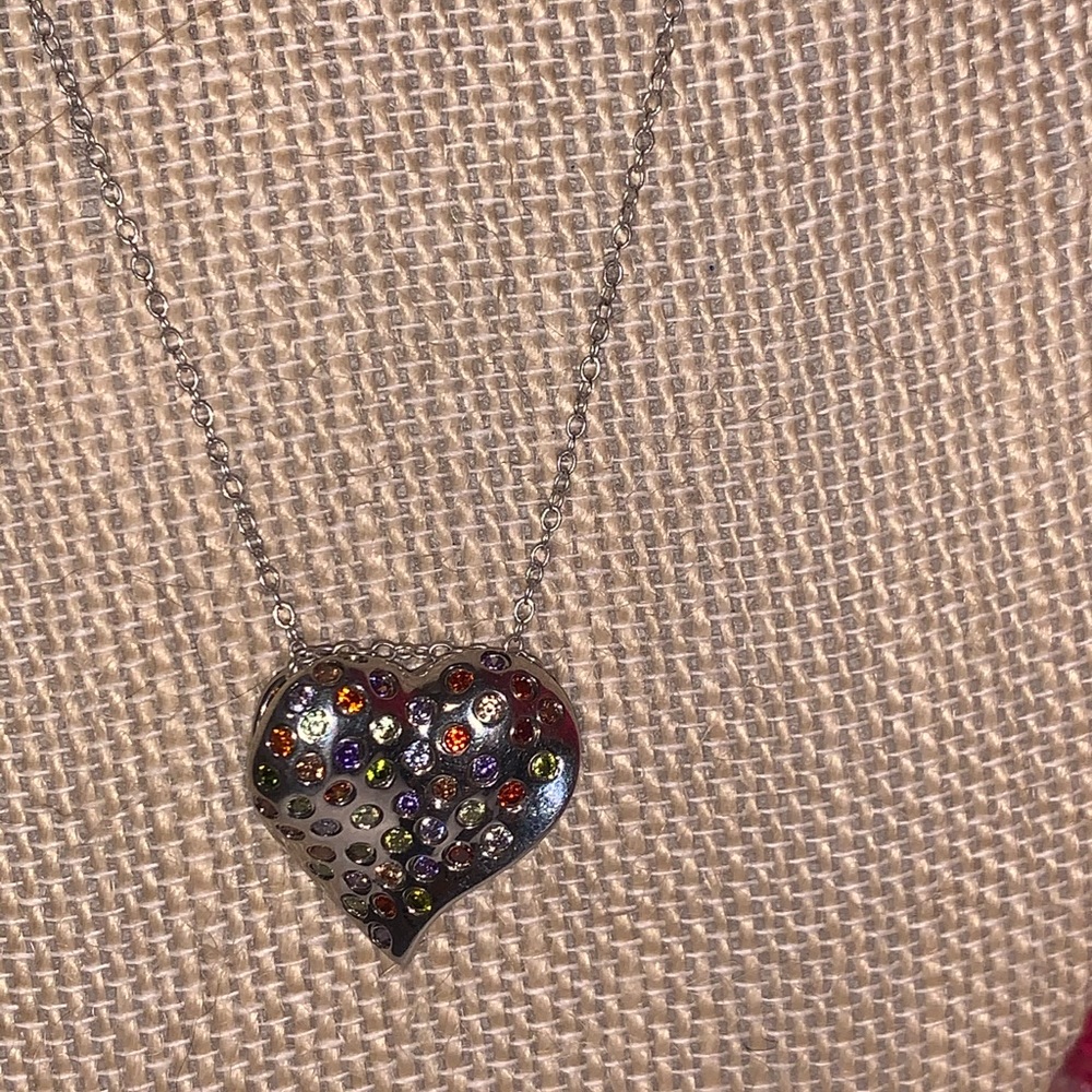 Sterling silver rainbow gems silver heart necklace